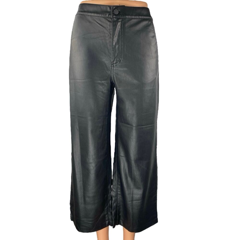 Oak + Fort Women's Black Faux Leather Vegan Wide Leg Crop Trousers Pants Size S